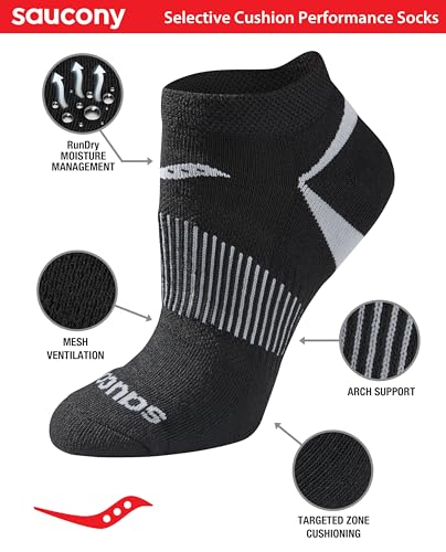 Saucony Women's RunDry Performance Selective Cushion Socks, Available in S-L (6, 12 Pairs) - color: Black Basic (12 Pairs), size: Medium