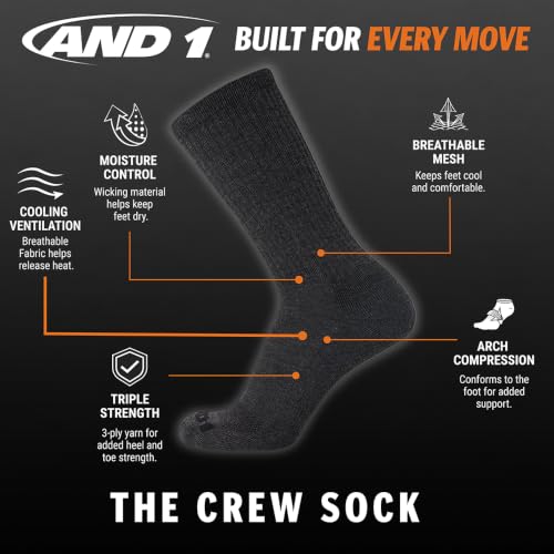 AND1 Mens Athletic Crew Socks 24 Pack Cushioned Comfort Socks - color: Dark Grey Heather