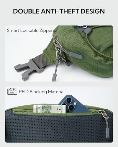WATERFLY Small Fanny Pack RFID Blocking Travel Hiking Crossbody Waist Bag - color: Green