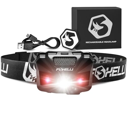 Foxelli USB‑C Rechargeable LED Headlamp – Ultra‑Light 2.4 oz & Bright 180 Lumens – Red/White Light, 5 Modes, IPX5 Waterproof, 40 h Runtime for Trail Running, Camping, Hiking - color: Black