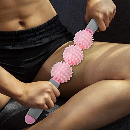 Muscle Roller Stick, Portable Yoga Massage Stick with 3 Spiky Balls for Deep Tissue Relief, Myofascial Release Massager for Legs Arms Back Shoulders Neck Pain Relief (Pink) - color: Pink