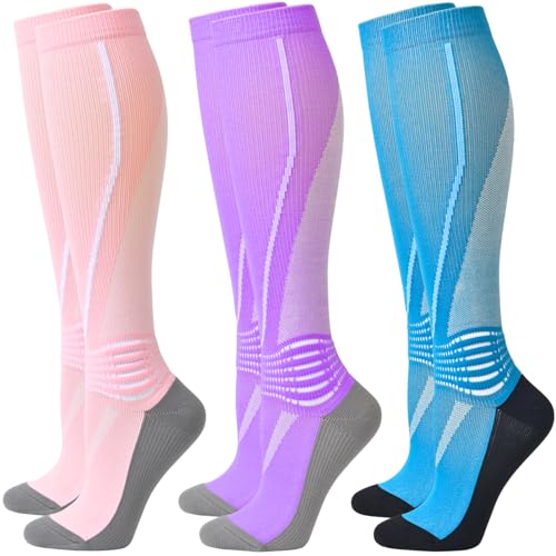 IRAMY Compression Socks Women Ankle Support Gradient Compression Wicking Moisture Knee High Socks 3 Packs - color: Pink+purple+blue-3 Packs, size: Medium