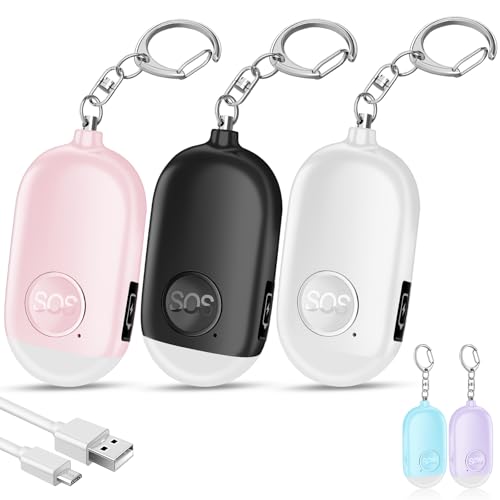 Hion Personal Safety Alarm for Women, 3 Pack Rechargeable 130dB Self Defense Keychain with LED Flashlight, Emergency Safe Sound Security Alarm for Children Elderly, White+Pink+Black - color: White+pink+black