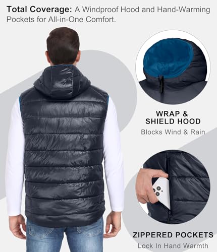 Mapamyumco Men's Hooded Puffer Vest Waterproof Lightweight Quilted - color: Navy Blue, size: Medium