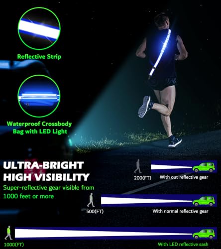 Ylzzrs LED Belt Reflective Sash for Walking at Night,High Visibility Adjustable Night Running Safety Gear,Light Up Running Belt Reflective Gear with Phone Bag/Armband for Runners Walkers Men Women - color: Blue