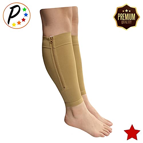 Presadee Shin Premium 20-30 mmHg Firm Compression Leg Calf Sleeve With Zipper (Beige, 2X-Large) - color: Beige, size: 2X-Large