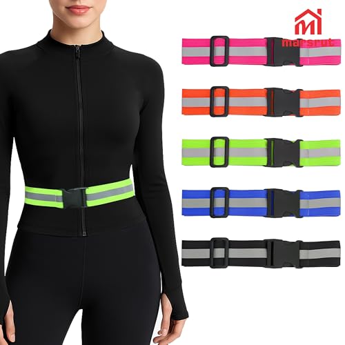 5 Pcs Reflective Belt or Sash, PT Belts Lights for Running At Night Safety Visibility Adjustable Lightweight Vest Waist Glow Straps for Cycling Walking Fit Women Men Kid (Black Blue Pink Green Orange)