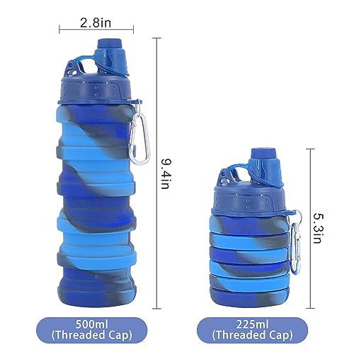 Collapsible Water Bottles Travel water bottle Sports Portable Sport Water Bottle Reusable Water Bottles comes with mountaineering Buckle 500ml silicone Water-proof camping water bottle - color: Blue+Blue camouflage, style: 2 pack