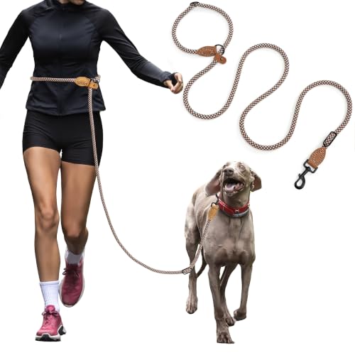 Mile High Life Hands Free Dog Leash, Crossbody Waist Leash with Genuine Leather Connection, Multifunctional Adjustable Slip Lead for Dog Walking Running (Brown Check, 7FT) - color: Brown Check, size: 7FT Hands Free
