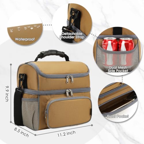 FlowFly Double Layer Cooler Insulated Lunch Bag Adult Lunch Box Large Tote Bag for Men, Women, With Adjustable Strap,Front Pocket and Dual Large Mesh Side Pockets - color: Brown