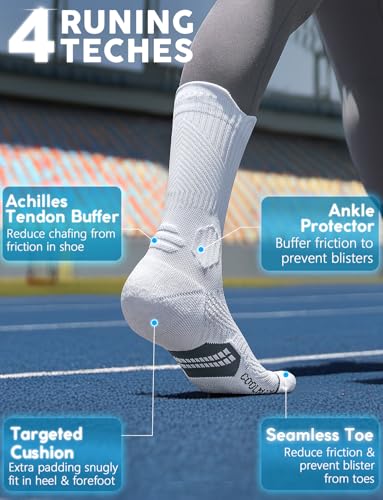 Juclise Women's Compression Crew Running & Hiking Socks, 3 Pairs, Cushioned - color: Glacier White, size: Medium