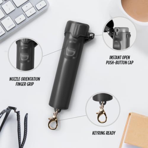 Packin' Heat 0.28 oz Compact Pepper Spray for Self Defense, Small Keychain Pepper Spray for Women, 12 ft Range, 1.44% Major Capsaicinoids, UV Dye, Push-Button Safety Cap, Snap Clip - color: Black