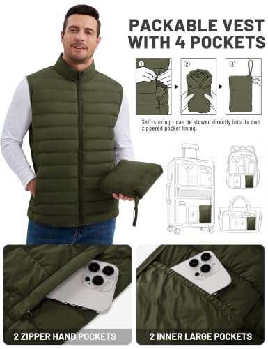 TACVASEN Men's Lightweight Packable Puffer Winter Warm Vests Outerwear - color: Army Green, size: XX-Large