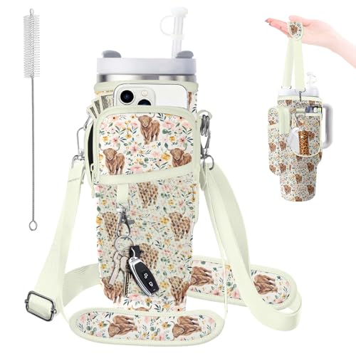 Water Bottle Carrier Bag for Stanley 40/30oz Cup Tumbler with Phone Pocket,Insulated Crossbody Water Bottle Holder with Adjustable Strap,Water Bottle Sling Pouch for Hiking Walking Camping Accessories - color: Highland Cow