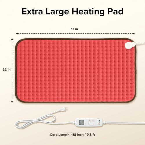 Heating Pad for Back & Cramps, 17" x 33" Extra Large Heating Pads, Red - color: Red
