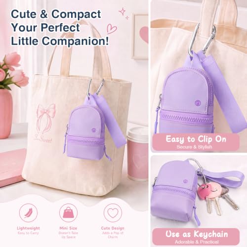 Babysun Mini Backpack Keychain Wristlet Pouch Small Change Coin Purse Cute Zipper Wallet With 3 RFID Card Slots For Women/Men Airpods Cosmetics - color: Purple