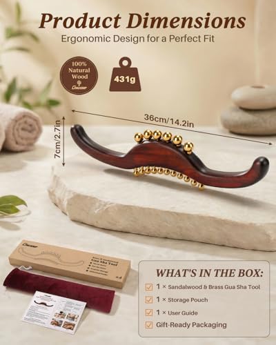 ONUEMP Sandalwood Gua Sha Muscle Knot Scraper with 17 Fascia Brass Beads - size: Sandalwood&Brass