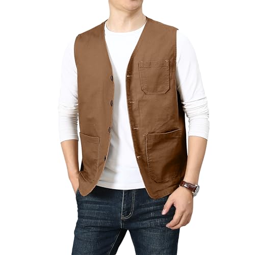 PRIJOUHE Mens Casual Cotton Vest Lightweight Outdoor Fishing Utility Vest - color: 02-brown, size: Medium