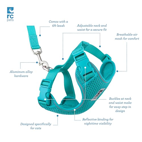 RC Pets Adventure Kitty Cat Harness | Adjustable Airmesh Vest with D-Ring and 6ft Leash for Walking and Travel | Teal, Small - color: Teal, size: Small