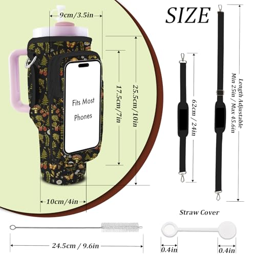 Water Bottle Carrier Bag for Stanley 40/30oz Cup Tumbler with Phone Pocket,Insulated Crossbody Water Bottle Holder with Adjustable Strap,Water Bottle Sling Pouch for Hiking Walking Camping Accessories - color: Mushroom Butterfly Flowers