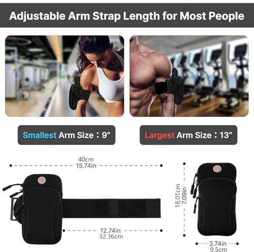 Sports Armband, Universal Running Gym Smartphone Arm Bag with Earphone Hole & Multi Pockets, Black