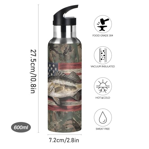OTVEE Camo Fish Water Bottle Sports Water Bottle Insulated Stainless Steel Hot Cold Water Mug with Straw Lid & Handle for Sports Gym 20 oz - color: Camo Fish