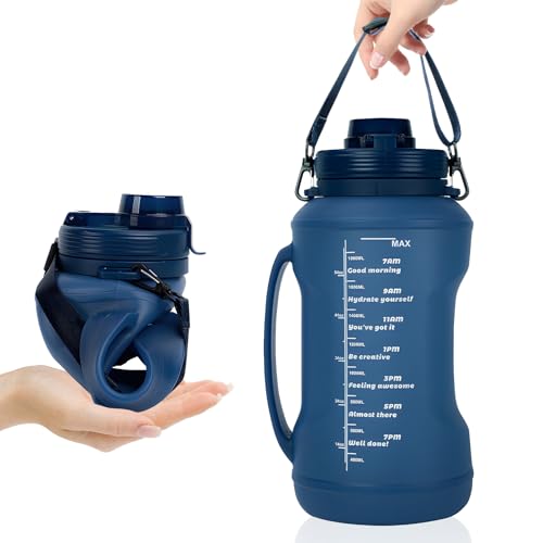 Collapsible 64oz Water Bottle with Handle & Straw - Spill-Proof Foldable Silicone Bottle for Men/Women (Blue, 2L)