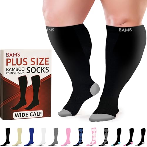 BAMS Plus Size Compression Socks Wide Calf XL XXL XXXL – Graduated Knee-High Support, Viscose from Bamboo Easy-On/Easy-Off - color: Black With Gray, size: X-Large