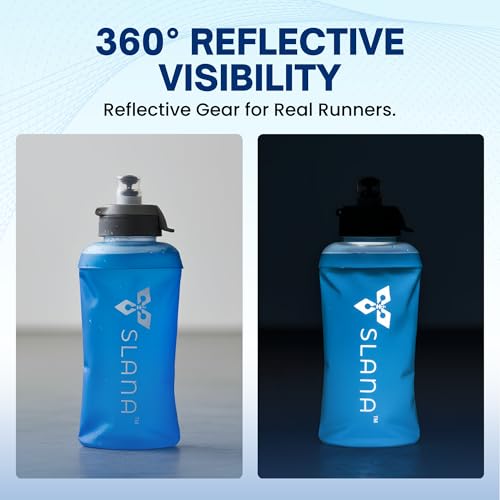 Handheld Running Water Bottle 18 oz – Grip-Free Collapsible Water Bottles for Running with Adjustable Strap & Thumbhole, Expandable Phone Pocket, Race Cap for One-Hand Drinking - color: Blue