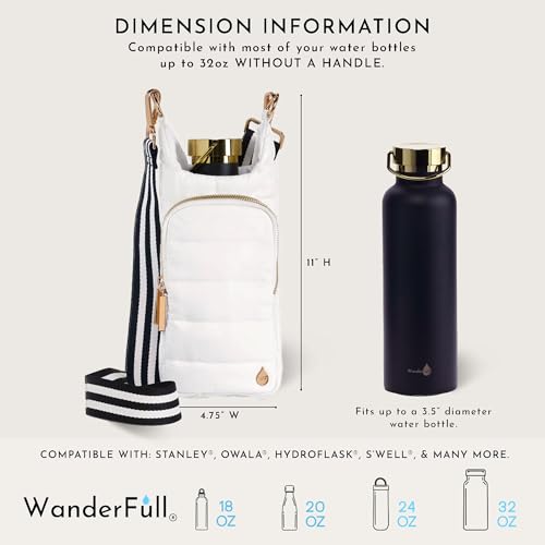 WanderFull Original HydroBag Crossbody Water Bottle Holder with Phone Pocket, Fits Water Bottles up to 32 oz - color: Black & White Strap