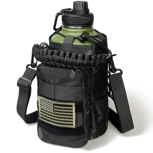DEFUNX 64 Oz Water Bottle with Sleeve - Military Green Half Gallon Insulated Water Jug with Handle - Stainless Steel Sports Bottle for Gym Workout Hiking Camo Black Pouch - color: Green Bottle with Black Camo Sleeve, style: 64 Oz Water Bottle