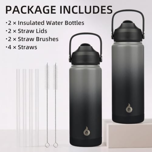 BJPKPK 2 Pack 24oz Insulated Water Bottles with Straw Lids, Stainless Steel - color: 2 X Black Grey, size: 24 Ounces