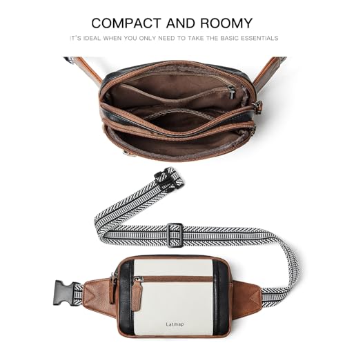 LATMAP 3L TRIPLE ZIP Fanny Packs Belt Bag For Women Men Crossbody Waist Pack Sling Chest Bum Travel Bag Purse Faux Leather Fashion Cute Black - color: Black & White W/ Brown Trim