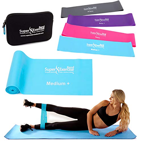 Mini Loop + Flat Resistance Band 5 Set, Latex Free - color: b. MEDIUM STRENGTH SKY BLUE Set