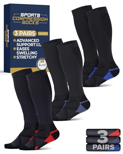 Pembrook 3 Pairs Compression Socks 20-30 mmHg - Compression Socks for Women and Men | Running, Athletic, Travel, Nurses - color: Dark Gray (Red/Blue/Light Blue) - 3 Pairs, size: Medium