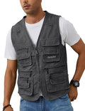 Gihuo Men's Fishing Vest Utility Safari Cargo Fly Vest with Multi Pockets - color: Grey, size: Large