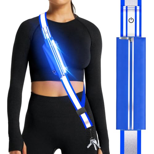 Ylzzrs LED Belt Reflective Sash for Walking at Night,High Visibility Adjustable Night Running Safety Gear,Light Up Running Belt Reflective Gear with Phone Bag/Armband for Runners Walkers Men Women - color: Blue