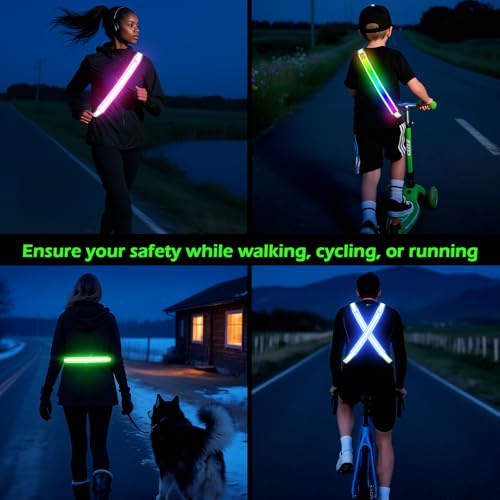 Reflective Sash Gear for Walking at Night,Flashing LED Reflective Belt Safety Lights for Walkers Night Dog Walking Biking Running,High Visibility Rechargeable With Wear 2 Ways for Men Women - color: Green