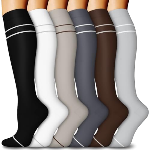 6 Pairs Compression Socks for Women & Men 15-20mmHg Knee High Socks - color: 13 - Black/Dark Grey/Brown/Light Grey/Beige/White, size: Small-Medium
