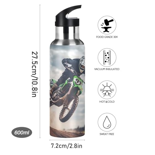 OTVEE Motocross Rider Water Bottle Sports Water Bottle Insulated Stainless Steel Hot Cold Water Mug with Straw Lid & Handle for Sports Gym 20 oz - color: Motocross Rider