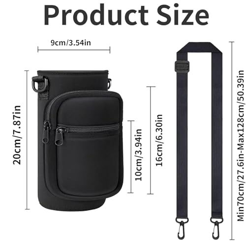 40oz Neoprene Water Bottle Sling with Phone Pocket, Crossbody - color: Black, size: 32oz Short