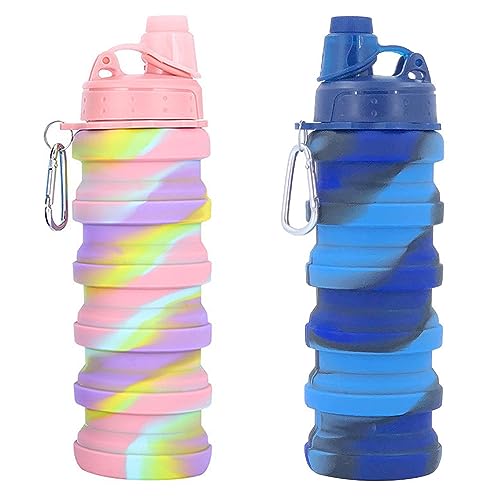 Collapsible Water Bottles Travel water bottle Sports Portable Sport Water Bottle Reusable Water Bottles comes with mountaineering Buckle 500ml silicone Water-proof camping water bottle - color: Pink+Blue camouflage, style: 2 pack
