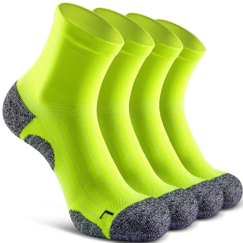 Quarter Compression Socks for Men Women, Cushioned Running Hiking Socks - color: Hi-viz Yellow (4 Pairs), size: X-Large