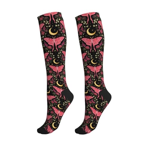 Witchy Moth Compression Socks For Women Men - color: Pink Moth Floral