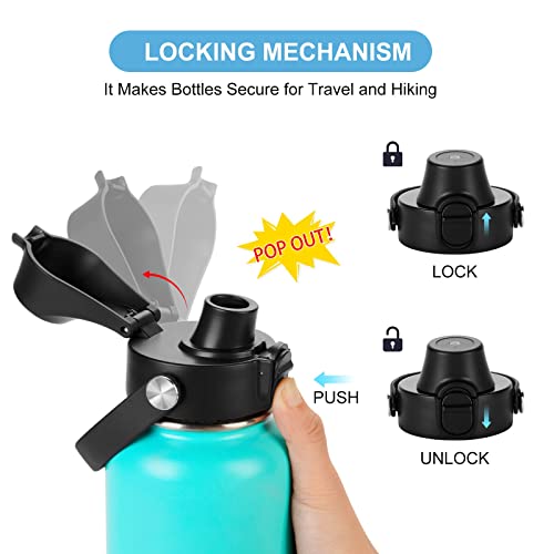 Auto Spout Lid for HydroFlask Wide Mouth Sport Water Bottles, Replacement Lid for Hydro Flask Wide Mouth 12, 16, 18, 32, 40, 64oz, Chug Lid with Flexible Handle, Button Lock, Black - color: Black