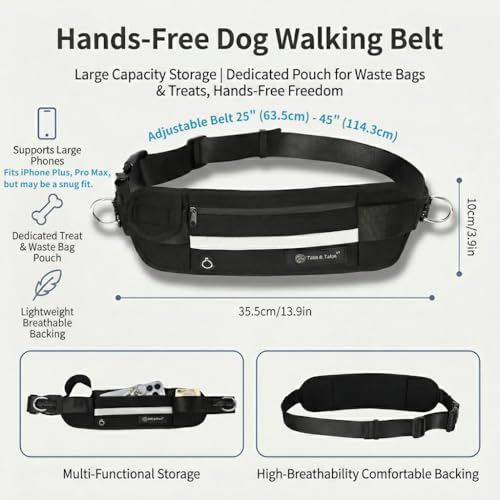Hands Free Dog Leash with Waist Pouch, Reflective Bungee, Dogs Up to 100 lb - color: Black