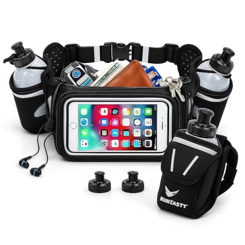 Runtasty Hydration Bundle – Running Belt w/ 2 Bottles + 2-in-1 Handheld 12 oz Bottle & Belt Add-On + Push-Pull Replacement Lids – Waterproof Pockets, Touchscreen Cover, No-Bounce Design