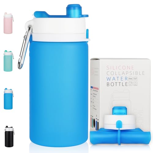PLTCAT Collapsible Water Bottles, 19oz Foldable Silicone Travel Bottles - color: Blue