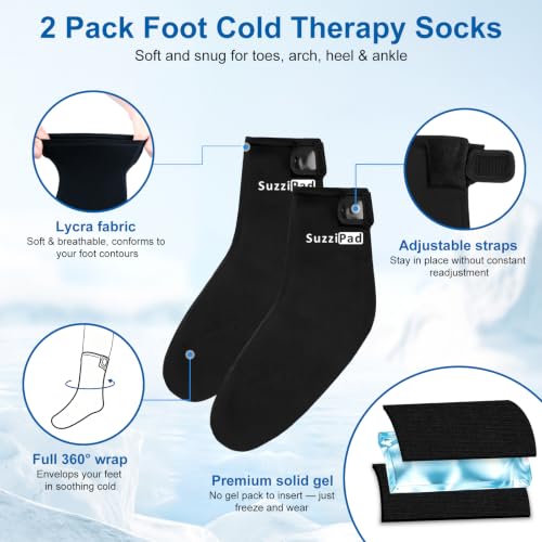 SuzziPad Cold Therapy Socks, Adjustable Ankle Ice Pack Wrap for Chemo, M - size: S