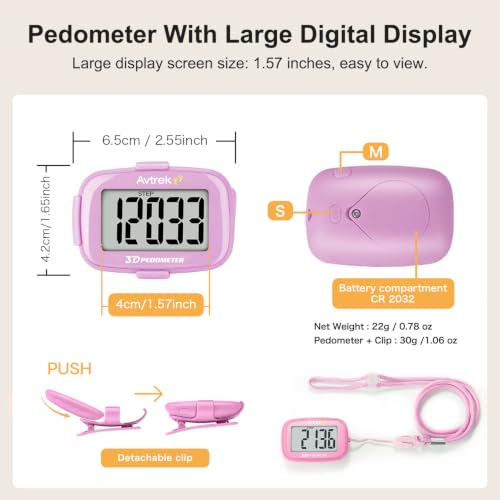 AVTREK 3D Step Counter Clip On with LED Backlight Pocket Pedometer for Walking Outdoor Activities Fitness Tracker Without Smartphone - color: PINK